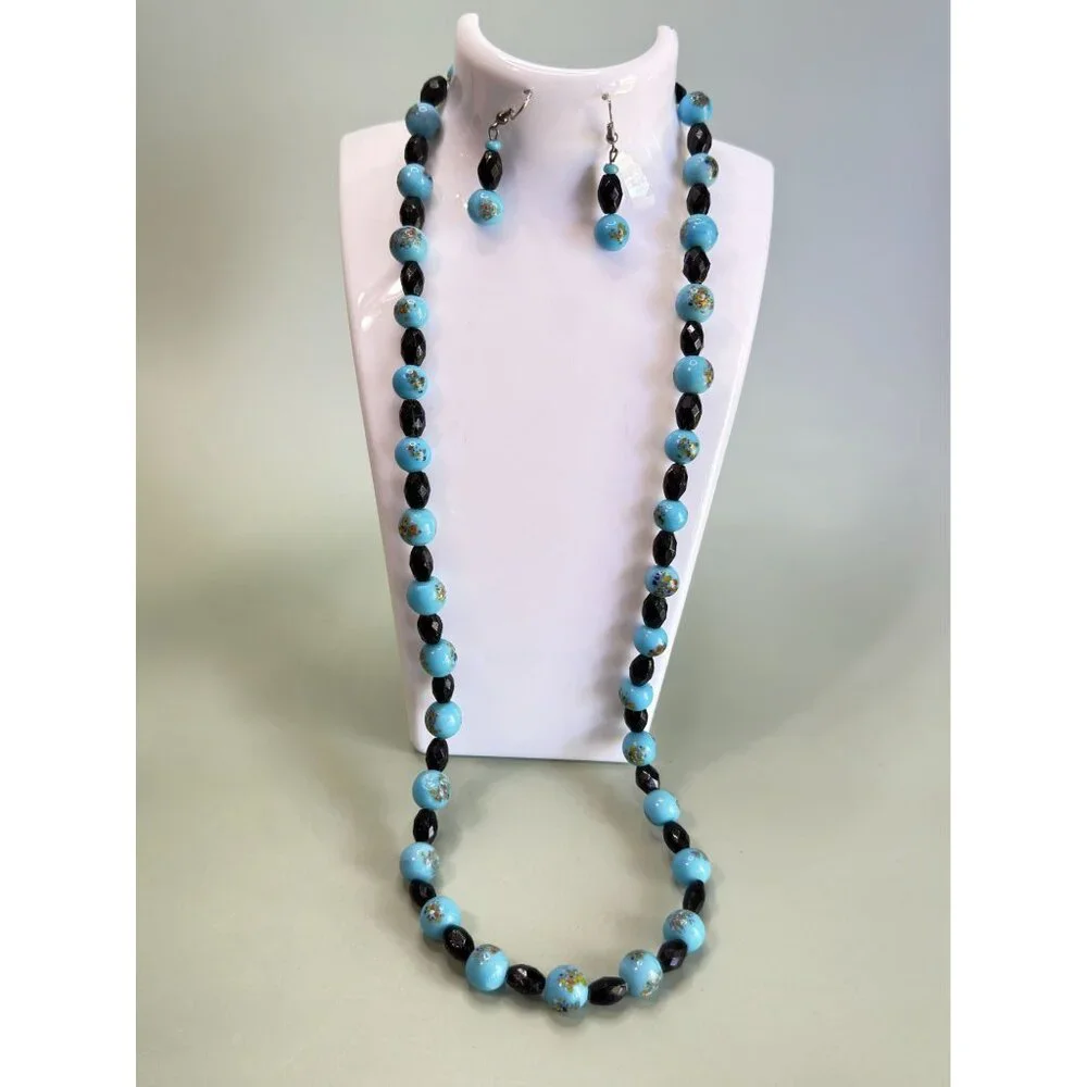 Blue & Black Glass Beads Hand-Painted Embossed Design Jewelry Set 24" - Picture 4 of 6